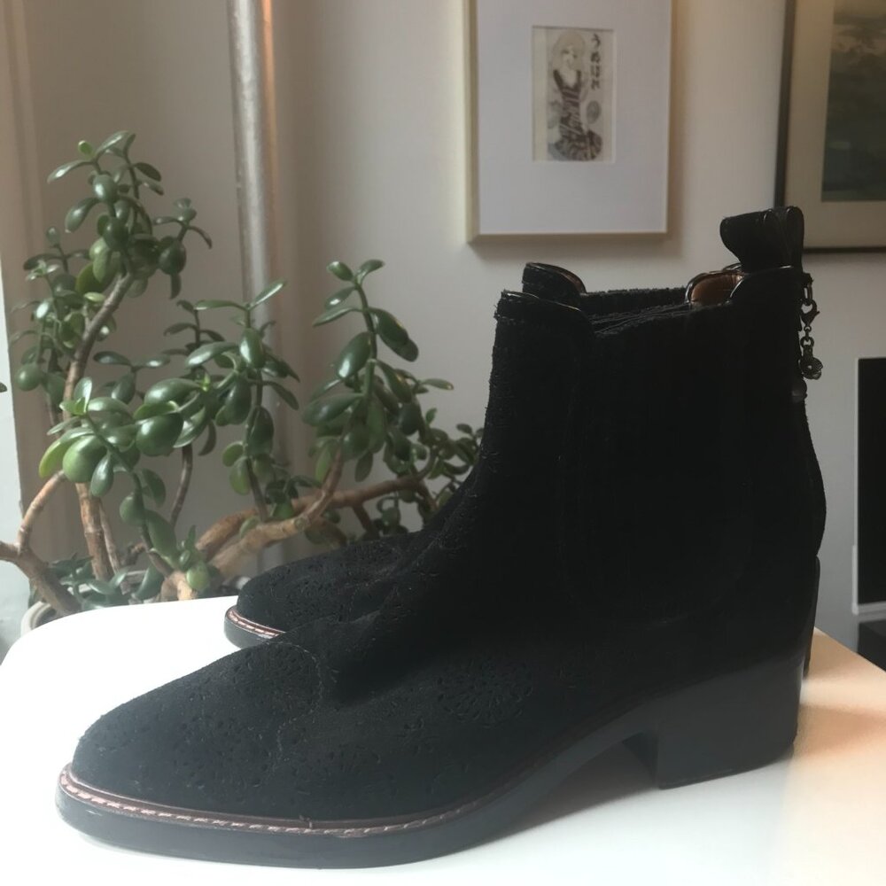 SOLD COACH Bowery Chelsea Boot with Cut Out Tea Rose in Black Suede Leather